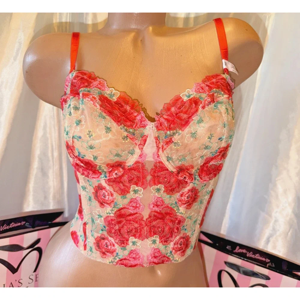 Victorias Secret Bra Corset Clubbing Top 34DD Small Thong Embroidered Rose - Picture 3 of 8